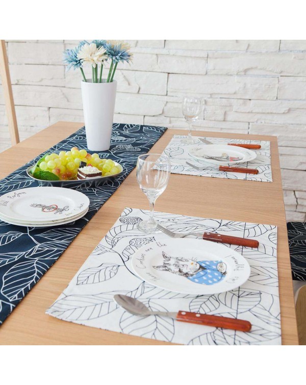 Leaves Printed Placemat Dining Table Mat Cotton Linen Disc Bowl Pads/White