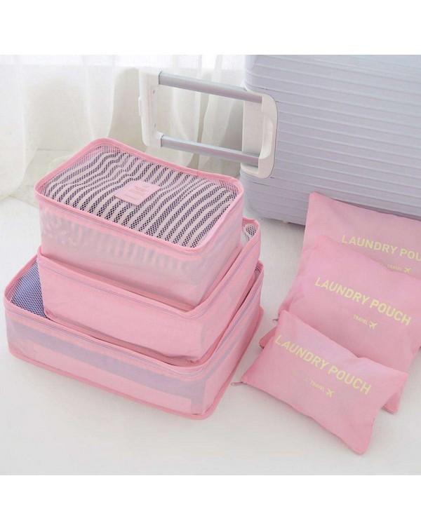 6pcs Waterproof Travel Bag Set Mesh Folding Luggage Organizer(Pink)